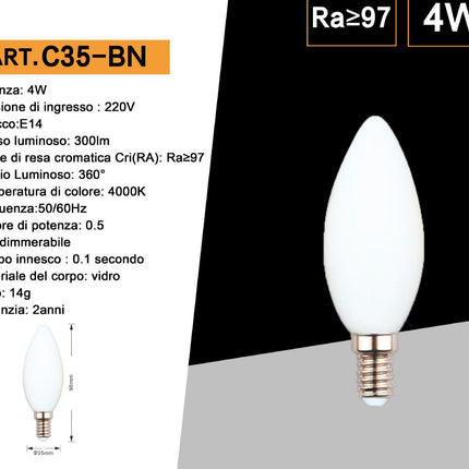Lampadina a led filamento opaca 4 watt attacco e14 candela a luce fredda 6500k calda 2700k naturale 4000K enzoled