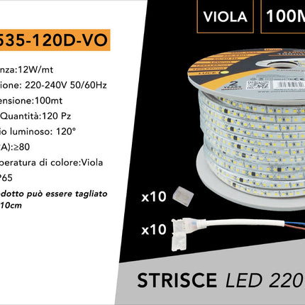 Strisce LED alta tensione 10cm taglio senza fili viola - 100m 120 LED/m, PVC 8mm - 20 spine per installazione professionale enzoled