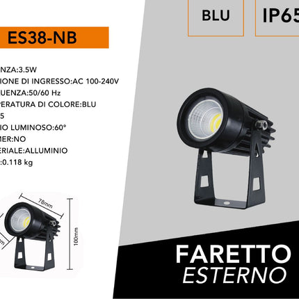 Faretto a led cob nero per esterno 3,5 watt con staffa orientabile da soffitto o parete a luce blu 360 lumen IP65 enzoled