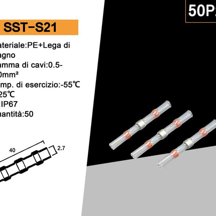 50 Connettori di Giunzione Isolati Autosaldanti a Caldo IP67 per Cavi 0.5-1.0mm² – Connettori Impermeabili enzoled