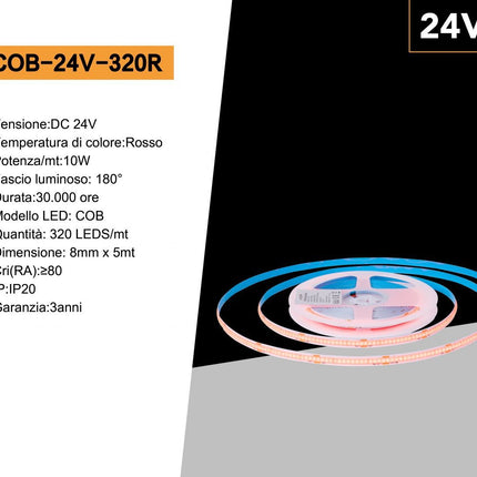 Strip led cob 24v strisci bobina 5 metri 50 watt 1600 lumen illuminazione per soggiorno cucina opne space enzoled