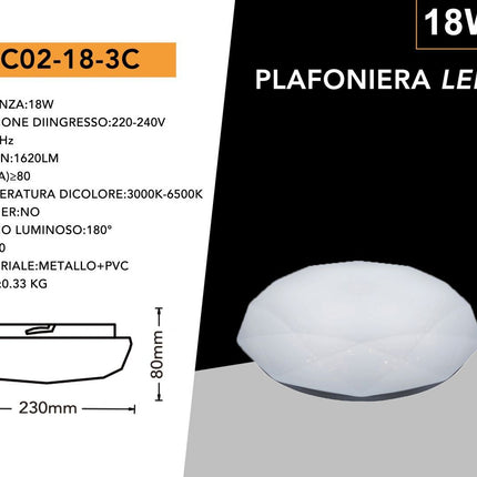 Plafoniera da soffitto forma diamante scocca a puntini trasparente da 18 24 e 36 watt con tecnologia CCT tre colorazione di luce con switch enzoled