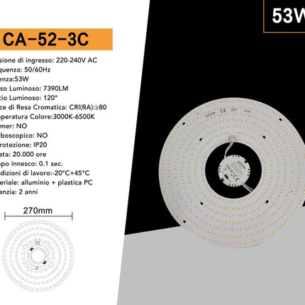 Piastra LED Circolare Magnetica 53W Ø27cm con Attacco G10Q – Luce Selezionabile 3000K/4000K/6500K CCT 3in1, Compatibile Neon T9 per Plafoniere enzoled