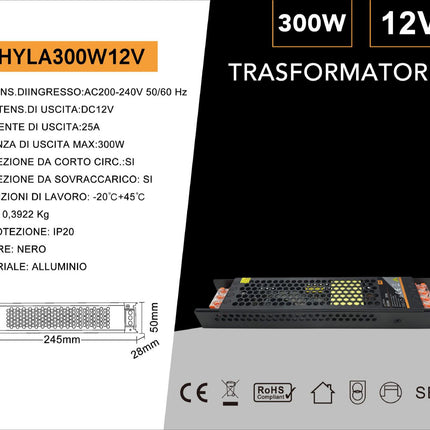 ALIMENTATORE SLIM METALLICO STABILIZZATO SWITCHING TRIMMER 220V 12V 25A 300 WATT COLORE NERO - enzoled