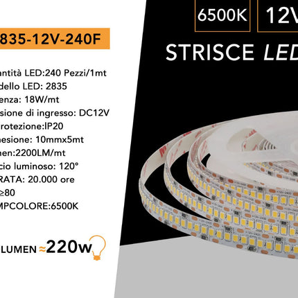 Strisce LED 12V 6500K (bianco freddo) - 240 LED/m, PVC nudo - Fascia continua ad alta densità enzoled