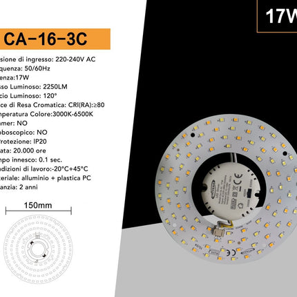 Circolina led modulo circolare 17 watt ricambio neon per plafoniere tecnologia CCT 3 in 1 6500k 3000k 4000k enzoled