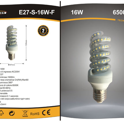 Lampadina LED Cornetto E27 16W 6500K – 1440LM luce fredda per negozi e ufficio, corpo in alluminio+PP+vetro enzoled