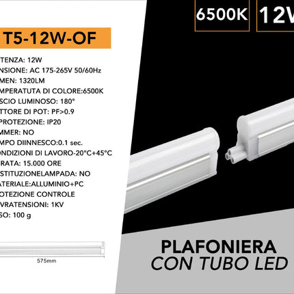 Tubo Neon Led Smd T5 Plafoniera Raccordabile 60 cm 12 watt reglette per mobili mensole ripiani luce fredda 6500k calda 3000k naturale 4000k enzoled