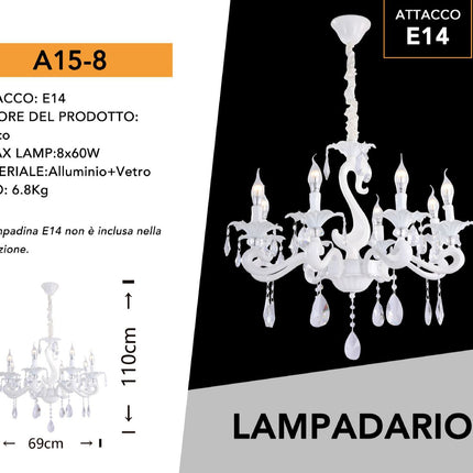 Lampadario da soffitto a 3 5 e 8 bracci a sospensione bianco con cristalli pendenti retrò classico attacco e14 enzoled