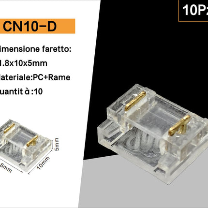 10 Connettori Lineari Trasparenti 2 Pin per Striscia LED Monocolore 10mm – Collegamento Rapido Strip LED enzoled