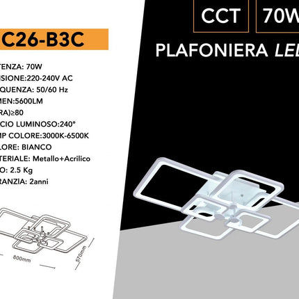 Lampadario da soffitto plafoniera a led moderna 70 watt con 6 quadrati  luce fredda 6500k naturale 4000k e calda 3000k enzoled