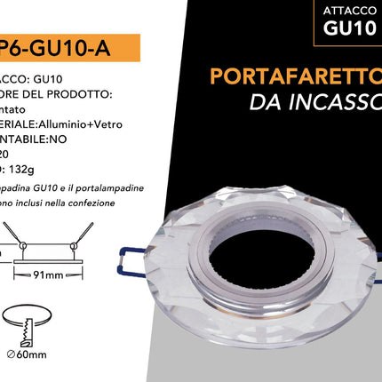 Supporto Faretto Circolare in Alluminio+Vetro - Foro 60mm, Design Argentato con Cristalli, Elegante per Illuminazione enzoled
