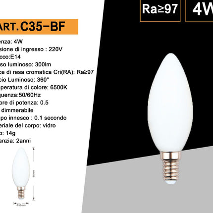 Lampadina a led filamento opaca 4 watt attacco e14 candela a luce fredda 6500k calda 2700k naturale 4000K enzoled