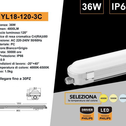 Tubo LED Plafoniera Lineare Universo 120cm Linkabile 36W - SMD Philips, IP66, CCT 4000K/5000K/6500K Selezionabile enzoled