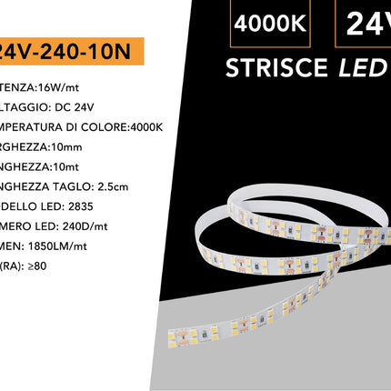 Striscia strip 240 led per metro 2835 24V bobina 10 metri 160 watt illuminazione per interni luce fredda calda naturale enzoled