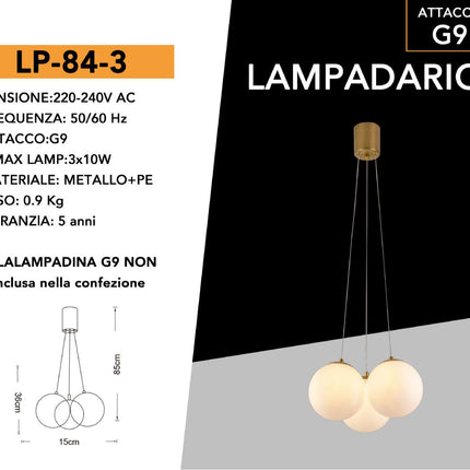 Lampadario a sospensione bronzo lampada minimal da soffitto con tre sfere attacco G9 enzoled