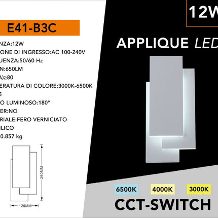 Luce da Parete Artistica 12W 13000K-6500K - Applique Bianca in Alluminio per Interni enzoled