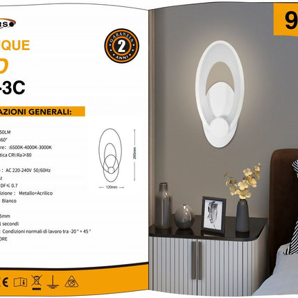 Applique 6550 Bianca 9W - Luce 3000K-6500K Metallo + Acrilico enzoled