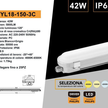 Tubo LED Plafoniera Lineare Universo 150cm Linkabile 42W - SMD Philips, IP66, CCT 4000K/5000K/6500K Selezionabile enzoled