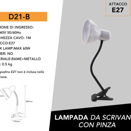 Lampada snodabile da scrivania con pinza braccio flessibile luce da tavolo orientabile con attacco per lampadine E27 enzoled