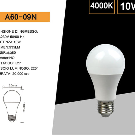 Lampadina a led 10 watt a60 attacco e27 sfera a luce fredda 6500k calda 3000k naturale 4000k enzoled