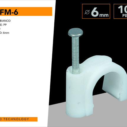 100 Fermacavo Ø6mm Bianchi con Chiodino – Clip Fissacavo per Cavi Elettrici a Muro enzoled