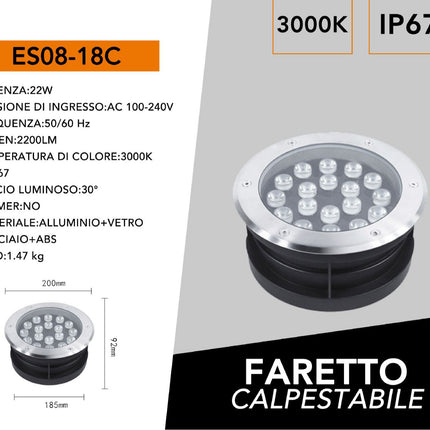 Luce Terra 18W 3000K IP67, Alluminio Vetro Acciaio ABS - Illuminazione Esterna enzoled