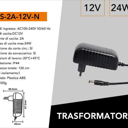 Alimentatore 12V 2A 24W - Trasformatore per LED e dispositivi elettronici | Materiale ABS resistente e sicuro enzoled