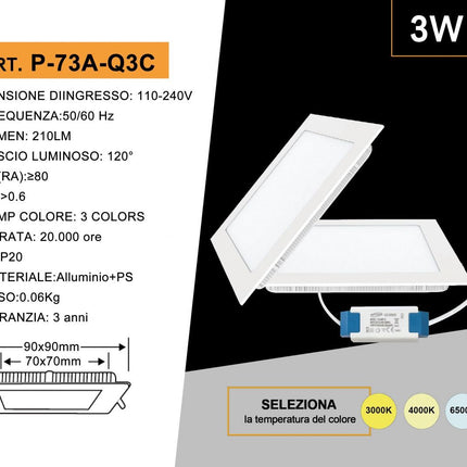 Pannello led incasso quadrato slim plafoniera 3 6 12 18 24 watt cct tre colorazione di luce fredda calda naturale selezionabile enzoled