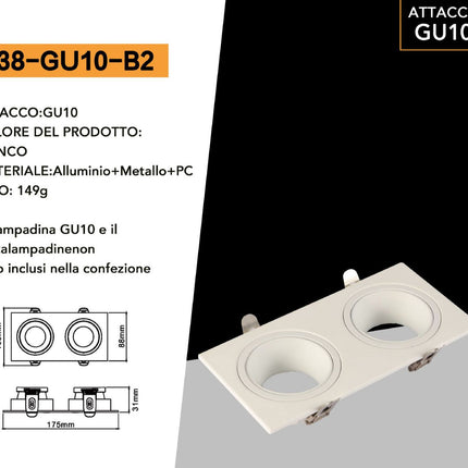 Portafaretto Universo P38-GU10-B2 - Doppio Rettangolare in Metallo Orientabile Bianco, Incassato per Lampadine GU10/GU5.3 enzoled