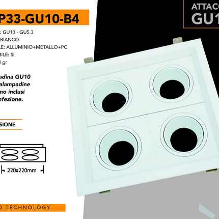 Supporto Portafaretto Recesso Bianco 4XGU10 in Alluminio+Metallo+PC per Lampade LED enzoled
