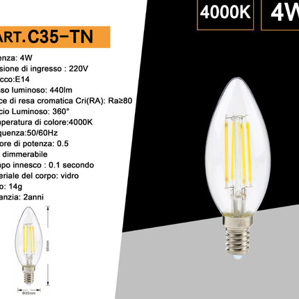 Lampadina in vetro a led a filamento 4 watt candela E14 luce fredda 6500k calda 3000k naturale 4000k enzoled