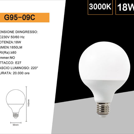 Lampadina led a sfera 18 watt attacco e27 lampada basso consumo G95 luce fredda 6500k calda 3000k naturale 4000k enzoled