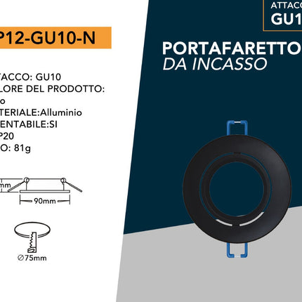 Supporto GU10 in Alluminio Nero 75mm Tondeggiante per Lampade LED enzoled