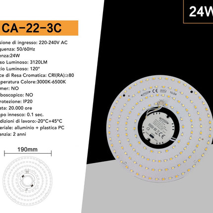 Piastra LED Circolare Magnetica 24W Ø19cm con Attacco G10Q – Luce Selezionabile 3000K/4000K/6500K CCT 3in1, Sostituzione Neon T9 enzoled