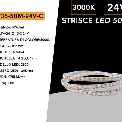 "Strisce LED 24V 3000K (luce calda) - 50m 120 LED/m, PVC flessibile 8mm - Fascia continua per interni enzoled