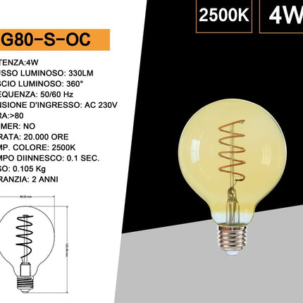 Lampadina led E27 globo 4 watt con filamento a torciglione luce calda 2500k lampada in vetro decorativa enzoled