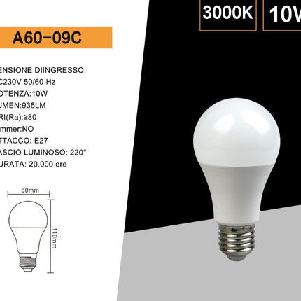 Lampadina a led 10 watt a60 attacco e27 sfera a luce fredda 6500k calda 3000k naturale 4000k enzoled