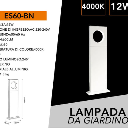 Lampione da giardino 12 watt lampada bianco con cerchio led cob palo per esterni 50 cm luce fredda 6500k calda 3000k naturale 4000k enzoled