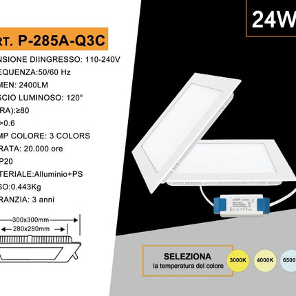 Pannello led incasso quadrato slim plafoniera 3 6 12 18 24 watt cct tre colorazione di luce fredda calda naturale selezionabile enzoled
