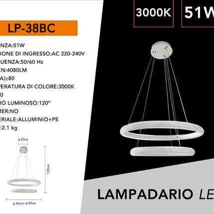 Lampadario Led 51 watt lampada a sospensione bianca 2 anelli con cristalli in acrilico luce fredda 6500k calda 3000k naturale 4000k enzoled