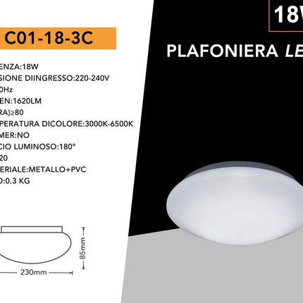 Plafoniera da soffitto tonda con scocca liscia da 18 24 e 36 watt con tecnologia CCT tre colorazione di luce con switch enzoled