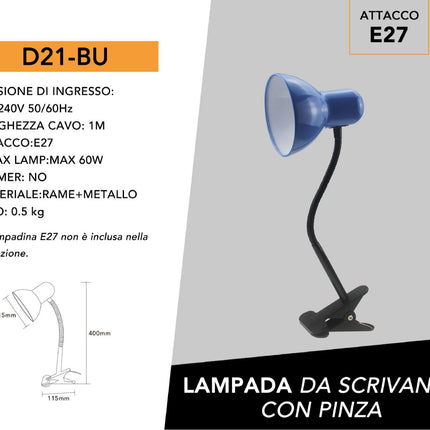 Lampada snodabile da scrivania con pinza braccio flessibile luce da tavolo orientabile con attacco per lampadine E27 enzoled