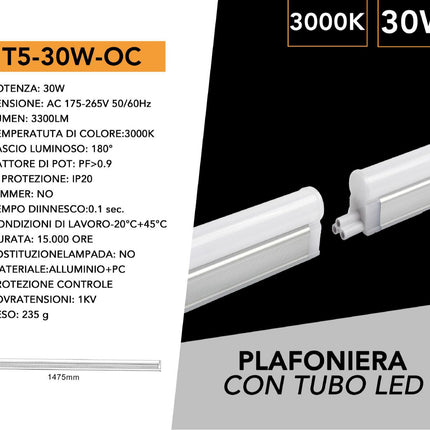 Tubo Neon Led Smd T5 Plafoniera Raccordabile 150 cm 30 watt reglette per mobili mensole ripiani luce fredda 6500k calda 3000k naturale 4000k enzoled