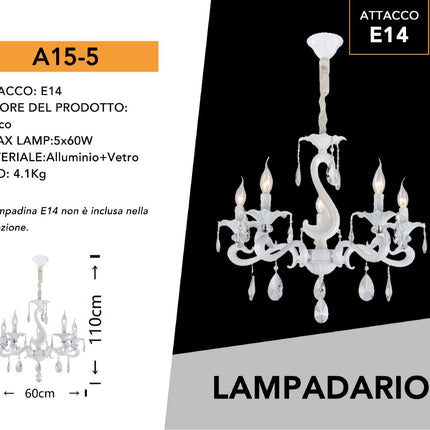 Lampadario da soffitto a 3 5 e 8 bracci a sospensione bianco con cristalli pendenti retrò classico attacco e14 enzoled
