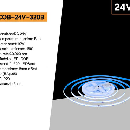 Strip led cob 24v strisci bobina 5 metri 50 watt 1600 lumen illuminazione per soggiorno cucina opne space enzoled