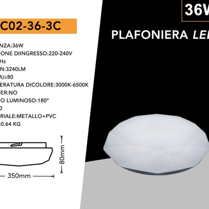 Plafoniera da soffitto forma diamante scocca a puntini trasparente da 18 24 e 36 watt con tecnologia CCT tre colorazione di luce con switch enzoled