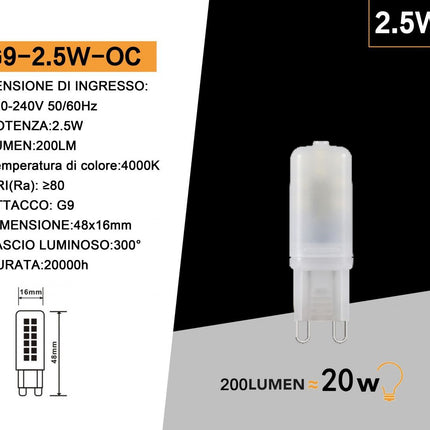 Lampadina led g9 2,5 watt luce calda 3000k naturale 4000k fredda 6500k illuminazione per lampadari applique lampada enzoled