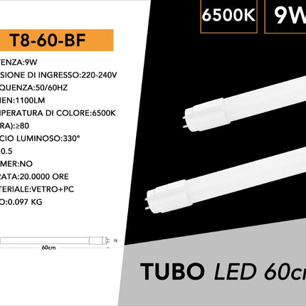 Tubo LED T8 9W 6500K - 990 Lumen in vetro | Luce bianca fredda per uffici e negozi enzoled