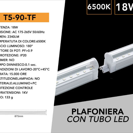 Tubo Neon Led Smd T5 Plafoniera Raccordabile 90 cm 18 watt reglette per mobili mensole ripiani luce fredda 6500k calda 3000k naturale 4000k enzoled